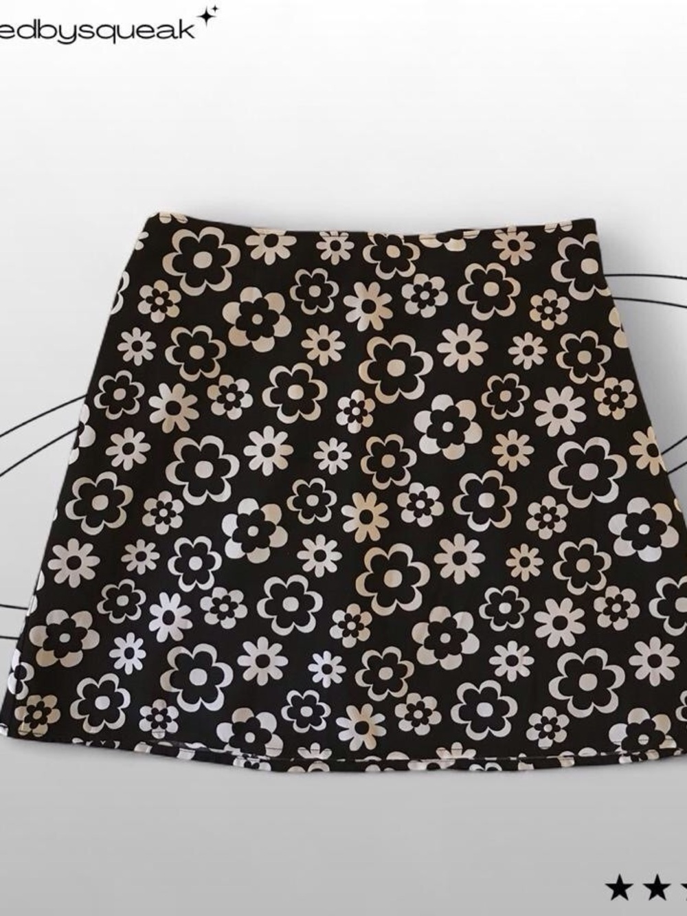 Black White Retro Floral A Line High Rise Mini Skirt Small Goth Boho Summer